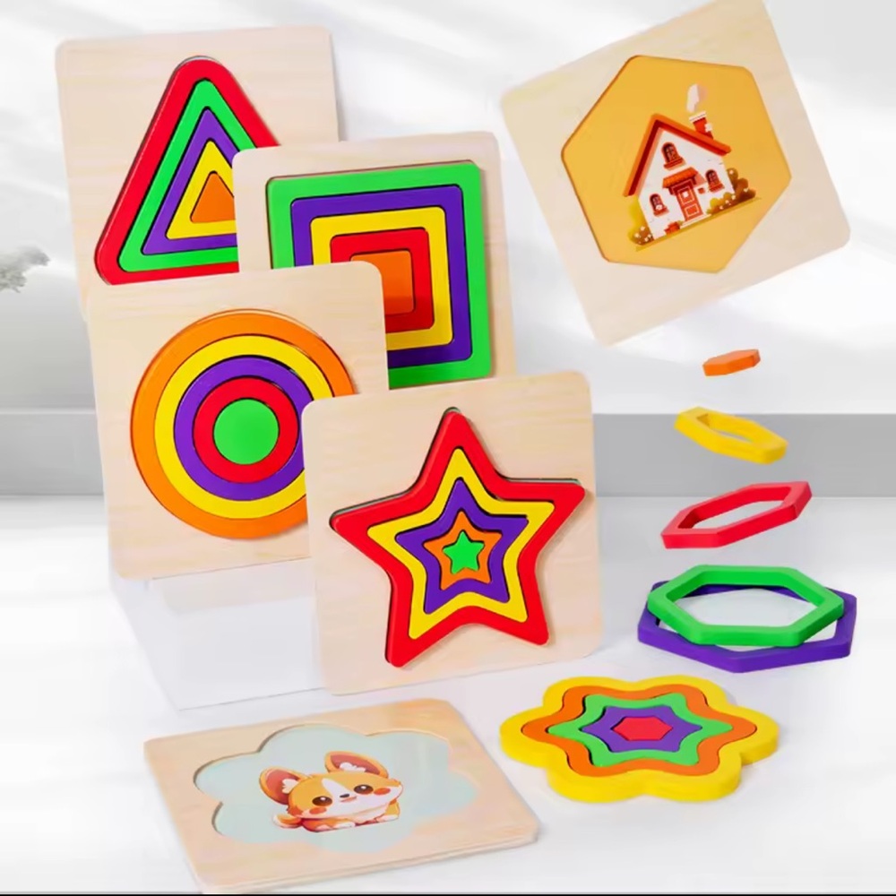 Wooden 3D Shapes Color Cognition Board Geometric Puzzles Montessori